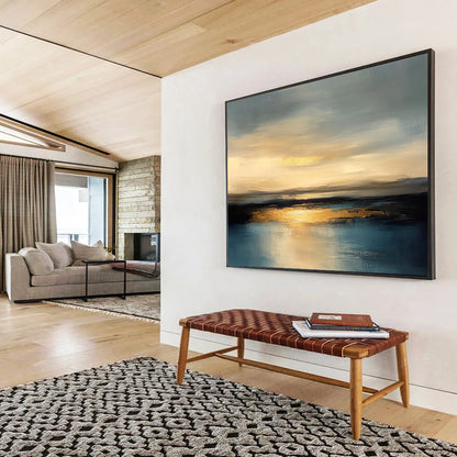 “Golden Sunset Reflection” - Gray, Gold, Blue - Abstract Sunset Over Water - Acrylic Painting HB1306
