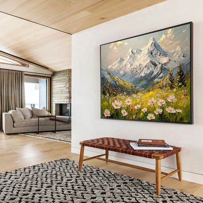 “Snowy Peaks & Flower Fields” - Whites, Greens, Yellows, Snow - capped Mountains & Wildflowers - Impasto Oil Painting HB1596