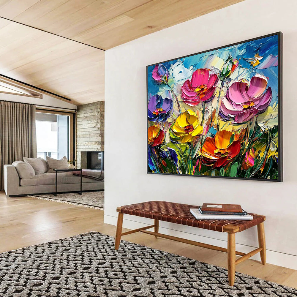 “Textured Colorful Poppy Field” - Pink, Purple, Yellow, Orange, Textured Poppy Blooms - Impasto Acrylic Painting HB1641