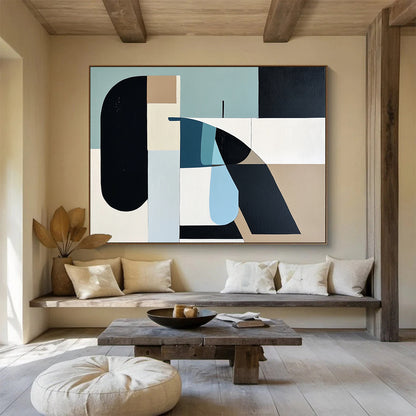 “Pastel Geometric Shapes” - Blue, Beige, Black, Abstract Forms - Mid - Century Acrylic Painting HB1492