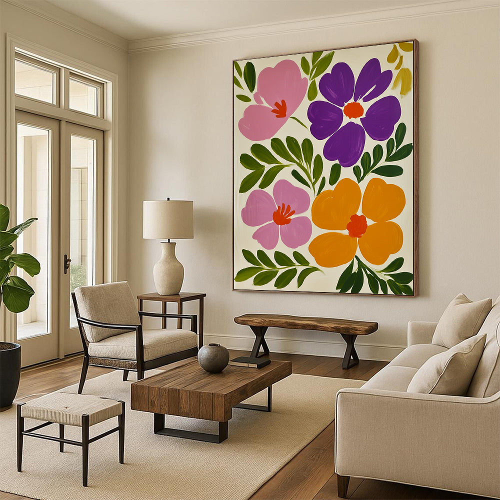 Contemporary hand-painted abstract art featuring vibrant pink and purple flowers against a white background with lush green leaves and vivid orange accents. DLZ1598