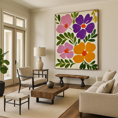Contemporary hand-painted abstract art featuring vibrant pink and purple flowers against a white background with lush green leaves and vivid orange accents. DLZ1598