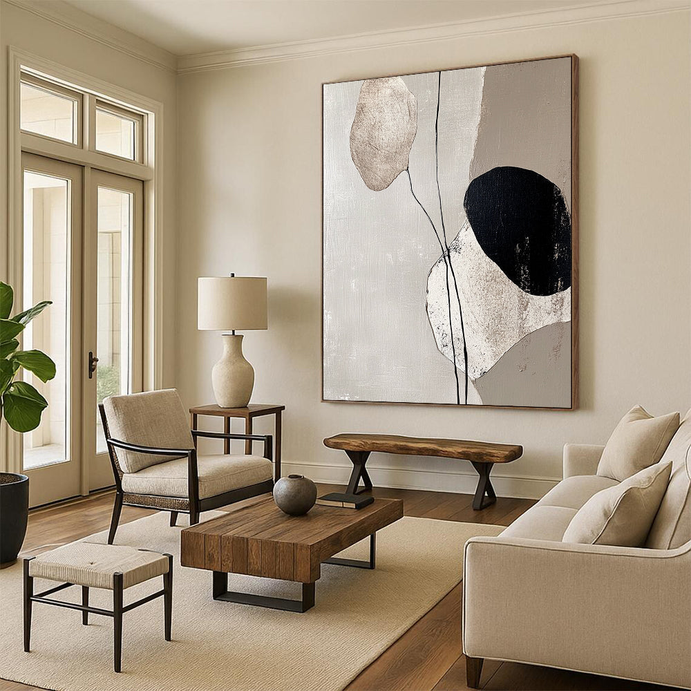 Contemporary hand-painted abstract art featuring tranquil beige tones and textured stone-like forms highlighting calmness and minimalism in any space. DLZ1132