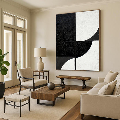 Black & White Geometric Shapes - “Minimalist Form Fusion” Painting On Canvas HB228