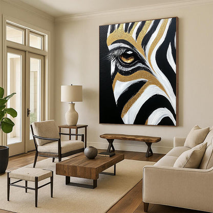 Contemporary abstract painting featuring a close-up of a zebra's eye and forehead stripes in black, white, and gold highlights. DLZ1216