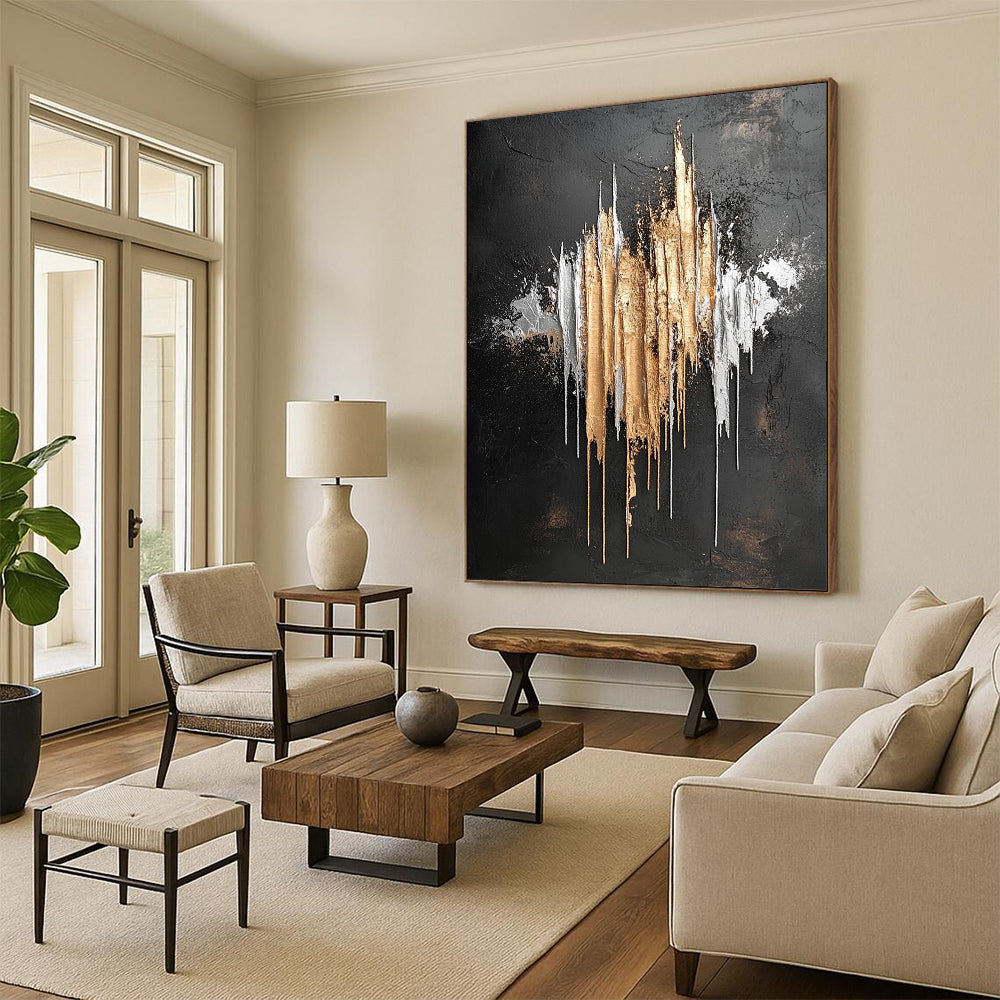 Contemporary hand-painted abstract artwork featuring silver and gold metallic drips on a striking black background inspired by Jackson Pollock. DLZ0802