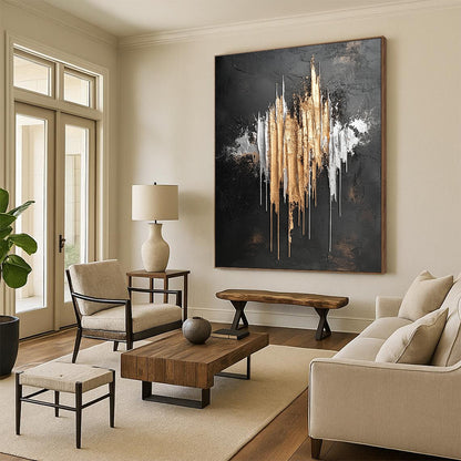 Contemporary hand-painted abstract artwork featuring silver and gold metallic drips on a striking black background inspired by Jackson Pollock. DLZ0802