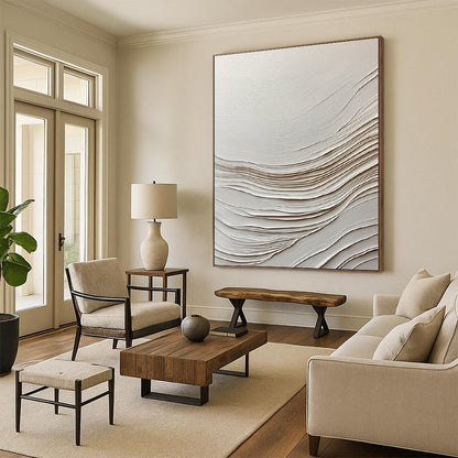 Contemporary hand-painted abstract artwork features smooth white paper with gentle wave-like lines, creating a serene and elegant visual experience. DLZ1233