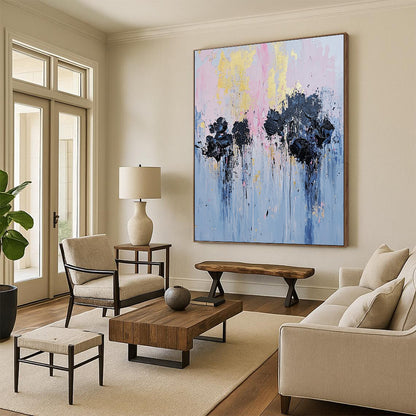 Contemporary hand-painted abstract artwork featuring textured black flowers in an urban setting with pale pink and blue tones and gold leaf accents. DLZ0477