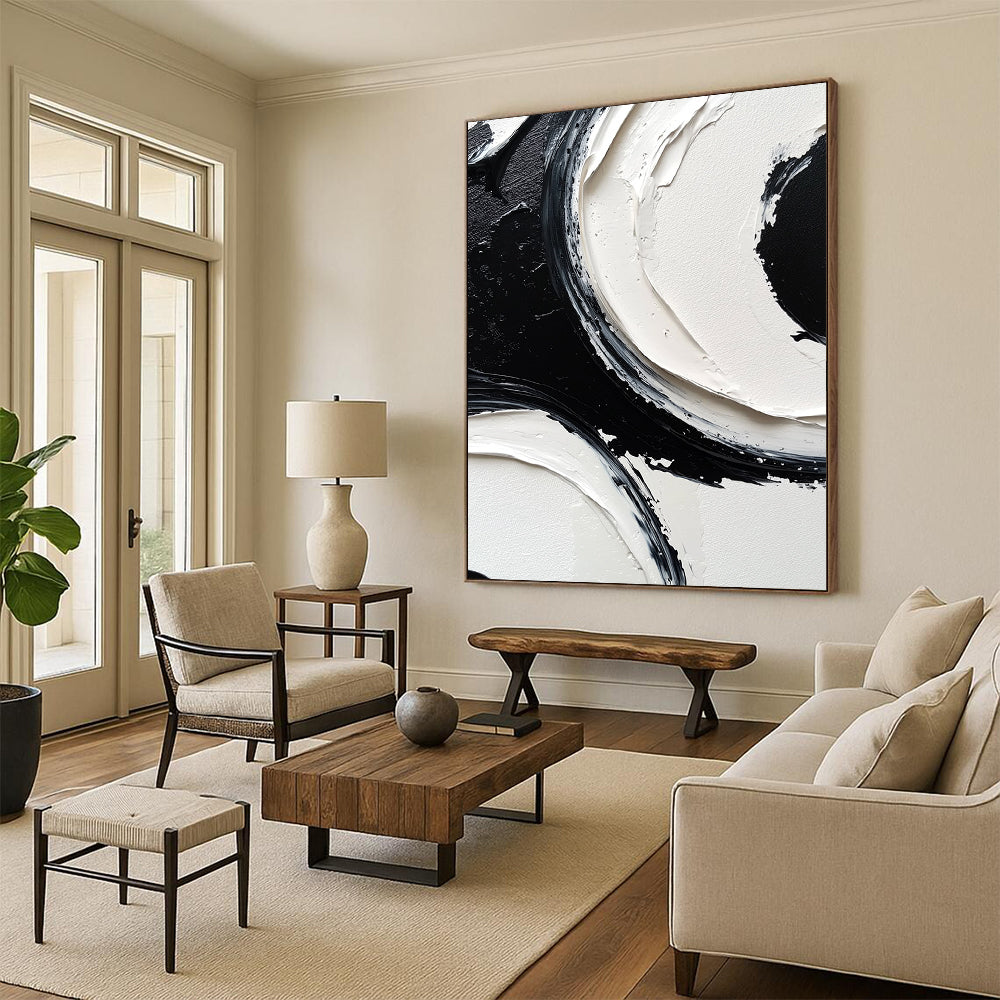 Contemporary abstract painting featuring monochrome black and white circles on a large canvas with meticulous brush strokes and high-resolution detail. DLZ0613