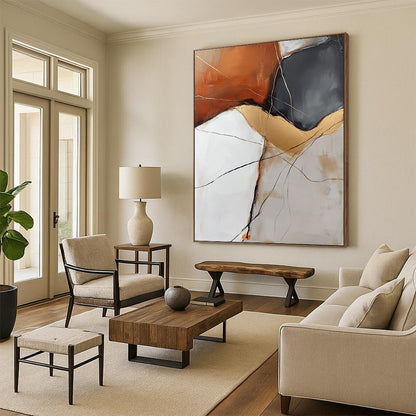 Contemporary hand-painted abstract artwork featuring an orange white grey rock with golden veins and delicate black lines enhancing visual depth. DLZ0963