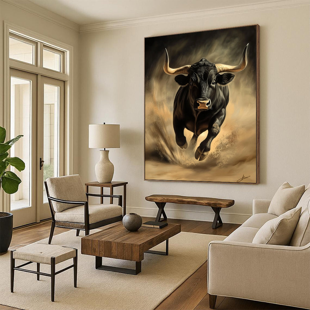 Vibrant contemporary abstract art featuring a dynamic black bull evoking energy and movement in a stunning digital painting style. DLZ1555