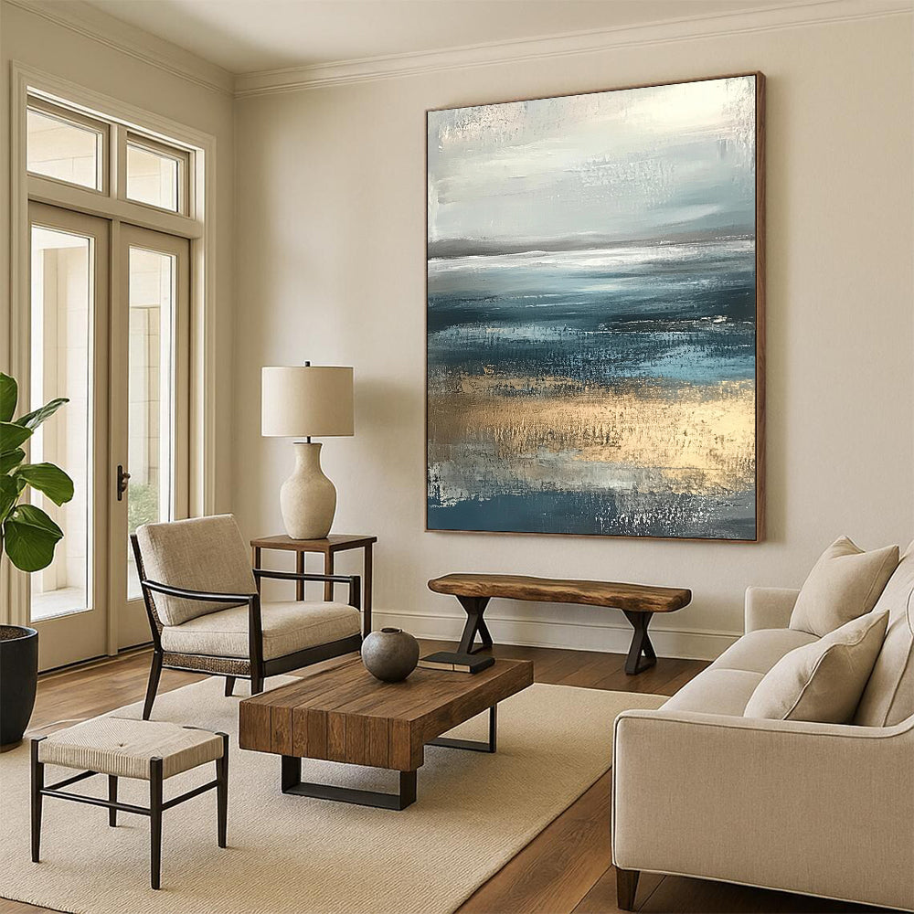 Contemporary hand-painted abstract artwork featuring soft edges in neutral colors with calming blue and gray tones of the sea and sky. DLZ0789