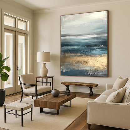 Contemporary hand-painted abstract artwork featuring soft edges in neutral colors with calming blue and gray tones of the sea and sky. DLZ0789