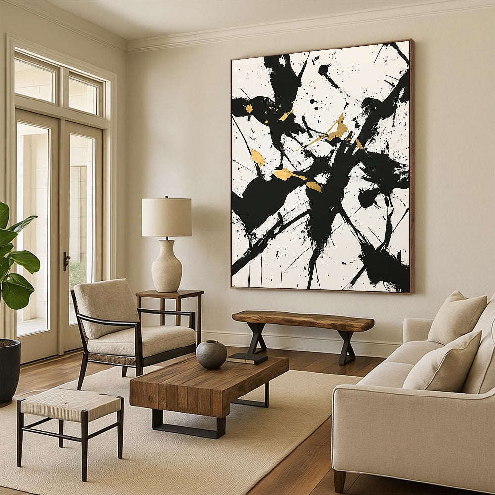 White, Black, Gold, Splattered Shapes "Golden Chaos" Abstract Expressionist Painting On Canvas HB077