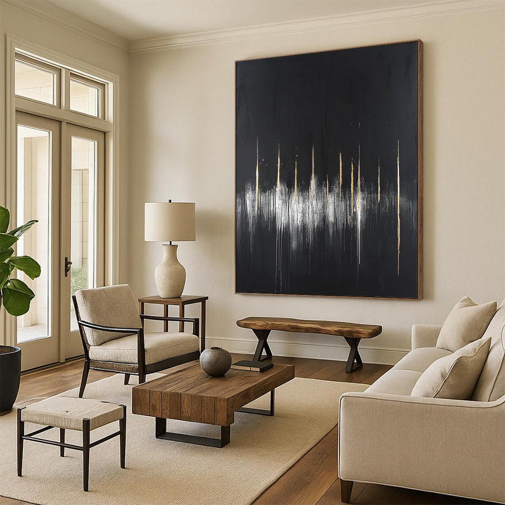 Black, Gold, White, Vertical Drips "Gilded Rain" Abstract Minimalist Painting On Canvas HB085