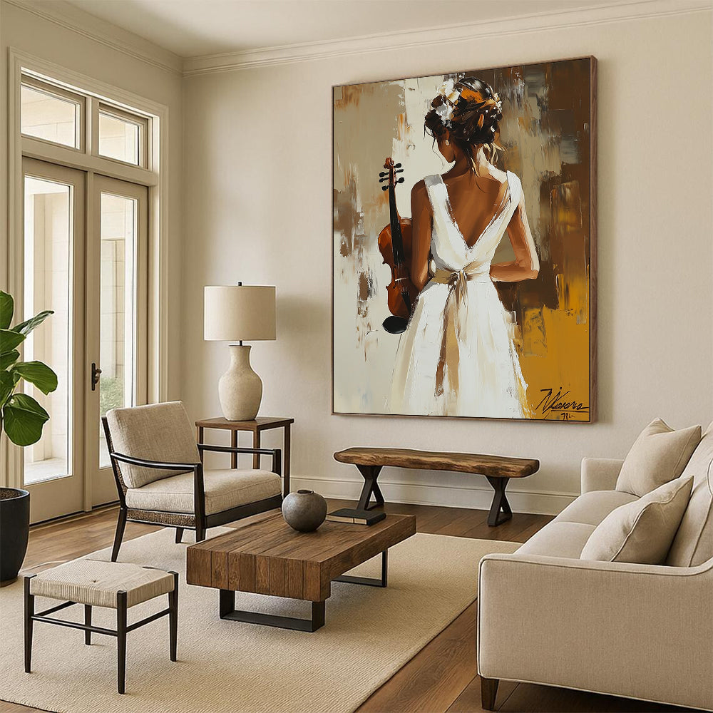 Contemporary abstract painting featuring a woman in a white dress holding a violin, inspired by the elegance of Peter Wileman. DLZ1129