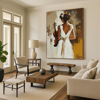 Contemporary abstract painting featuring a woman in a white dress holding a violin, inspired by the elegance of Peter Wileman. DLZ1129