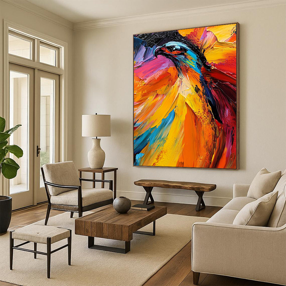 Vibrant contemporary abstract painting featuring an eagle with dynamic brushstrokes bold colors and warm tones creating an energetic mood on canvas. DLZ0575
