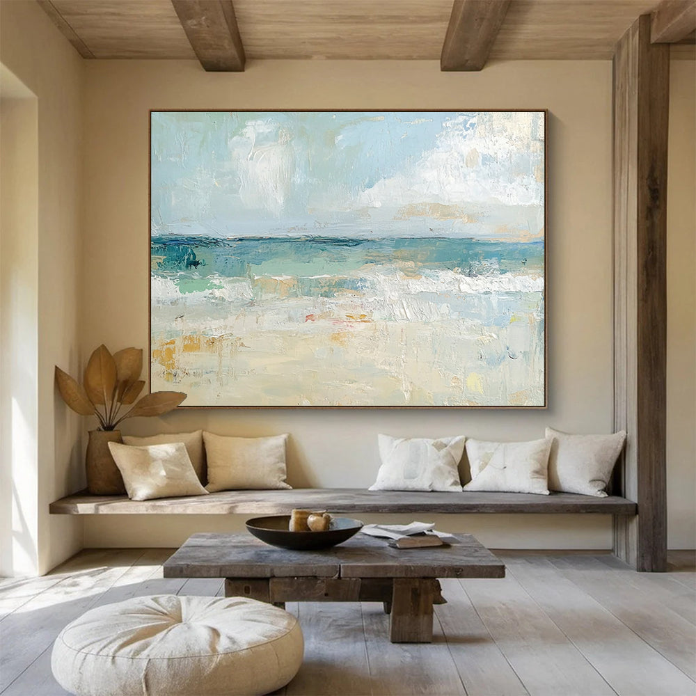 “Pastel Beach Serenity” - Light Blues, Creams, Soft Golds, Calm Beach - Impressionist Oil Painting HB1565