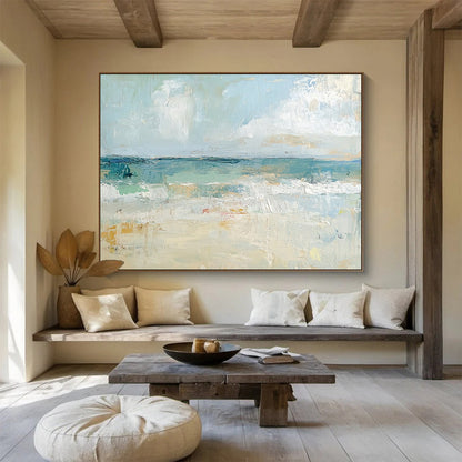 “Pastel Beach Serenity” - Light Blues, Creams, Soft Golds, Calm Beach - Impressionist Oil Painting HB1565
