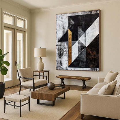 Black, White, Gray, Gold, Textured Triangles "Gilded Edges" Abstract Cubist - Inspired Painting On Canvas HB109