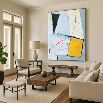 Contemporary hand-painted abstract artwork featuring light blue gray and yellow shapes connected by red curves on an off-white background within a square format. DLZ1021