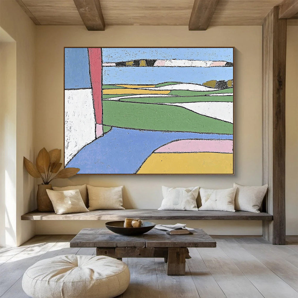 “Color - Blocked Landscape” - Green, Blue, Yellow, Abstract Fields - Primitive Acrylic Painting HB1504