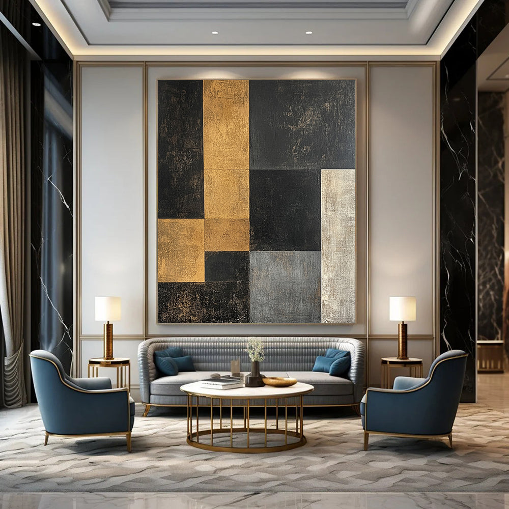 Black, Gold, Gray with Interlocking Squares "Modern Mosaic" Abstract Painting On Canvas HB003