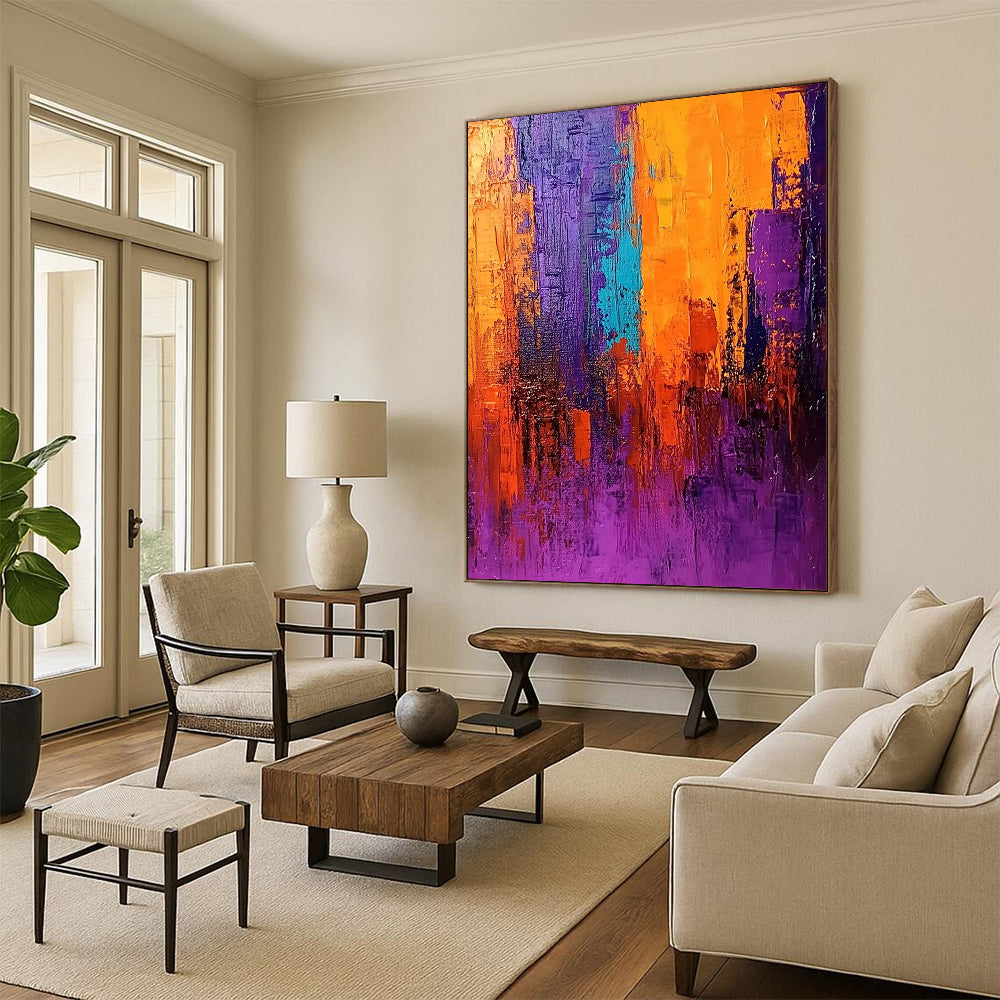Contemporary abstract painting in vivid purple orange and blue with thick brush strokes dramatic lighting and rich texture create an atmospheric cityscape. DLZ0371