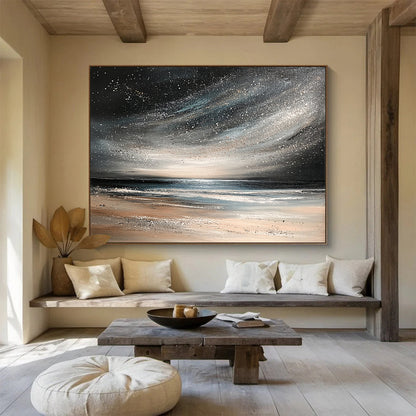 “Starry Night Beach” - Black, Silver, Beige, Celestial Seaside Scene Painting On Canvas HB1026