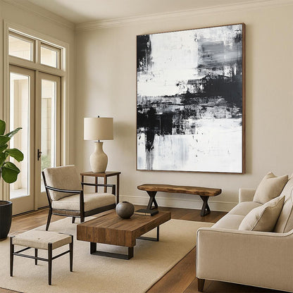 Large contemporary hand-painted abstract artwork featuring a coastal landscape with brush strokes and layers, emphasizing emotional depth in a serene monochromatic palette. DLZ0302