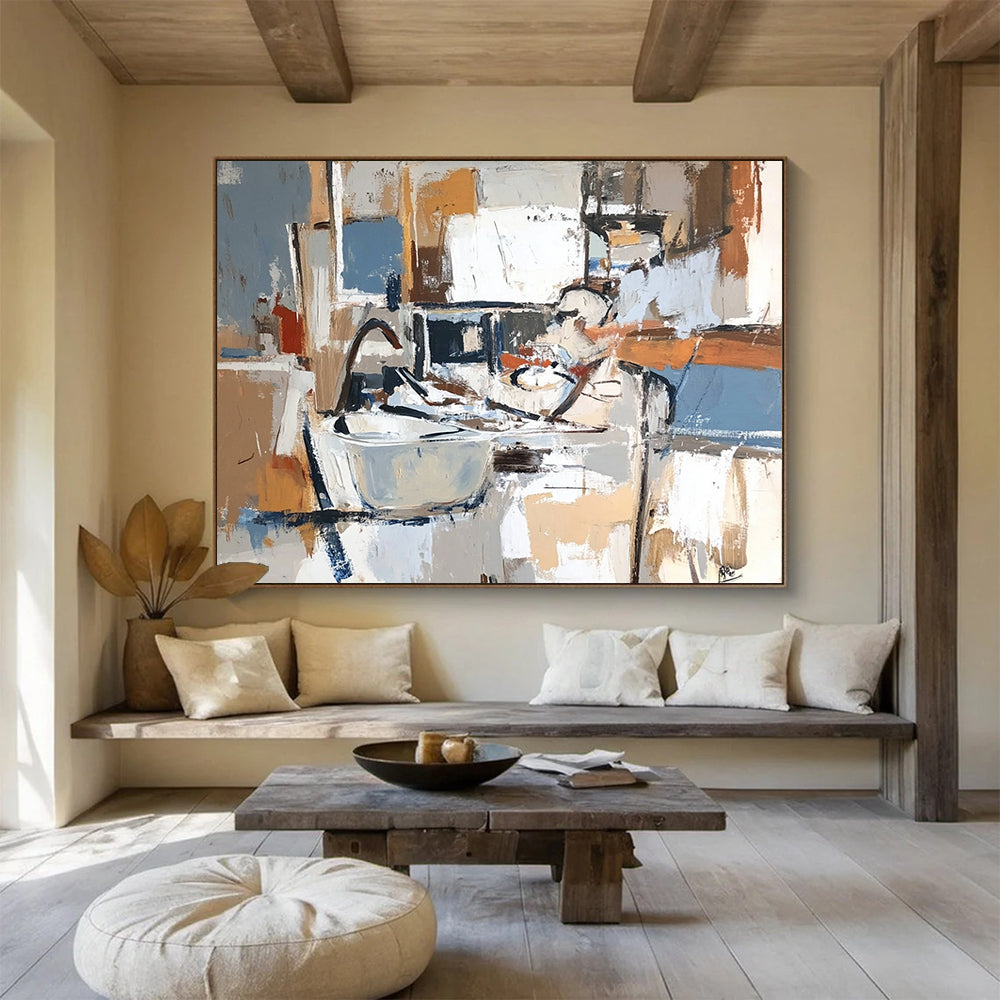 Neutral - Toned Kitchen Chaos – Abstract Acrylic Kitchen Scene Painting HB1466