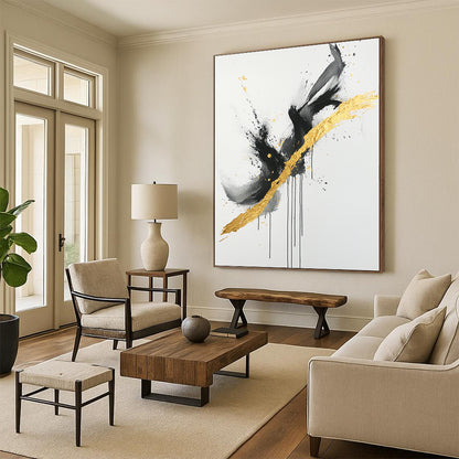 Black, White, Gold, Gray, Intertwined Swirls "Gilded Entanglement" Abstract Expressionist Painting On Canvas HB096