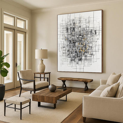 Black, White, Gray, Gold, Tangled Linework "Gilded Chaos Weave" Abstract Expressionist Painting On Canvas HB126