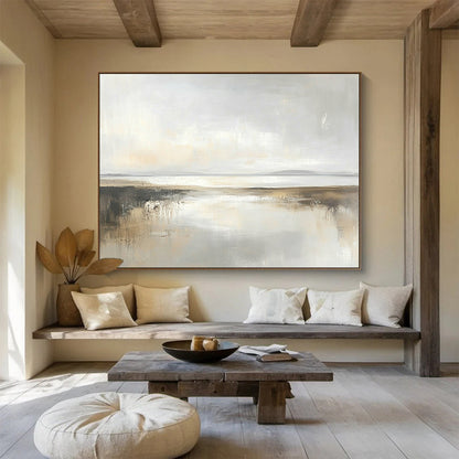 “Soft Gray Coastal Reflection” - Gray, Beige, Subtle Reflections, Minimalist Landscape Painting On Canvas HB0904