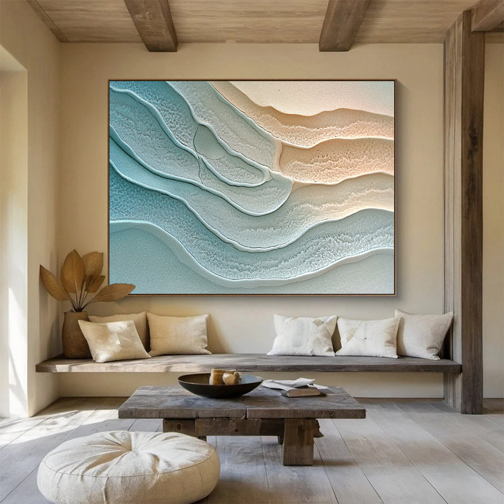 “Blue - Beige Textured Wavy Layers” - Abstract Textural Painting On Canvas HB0512