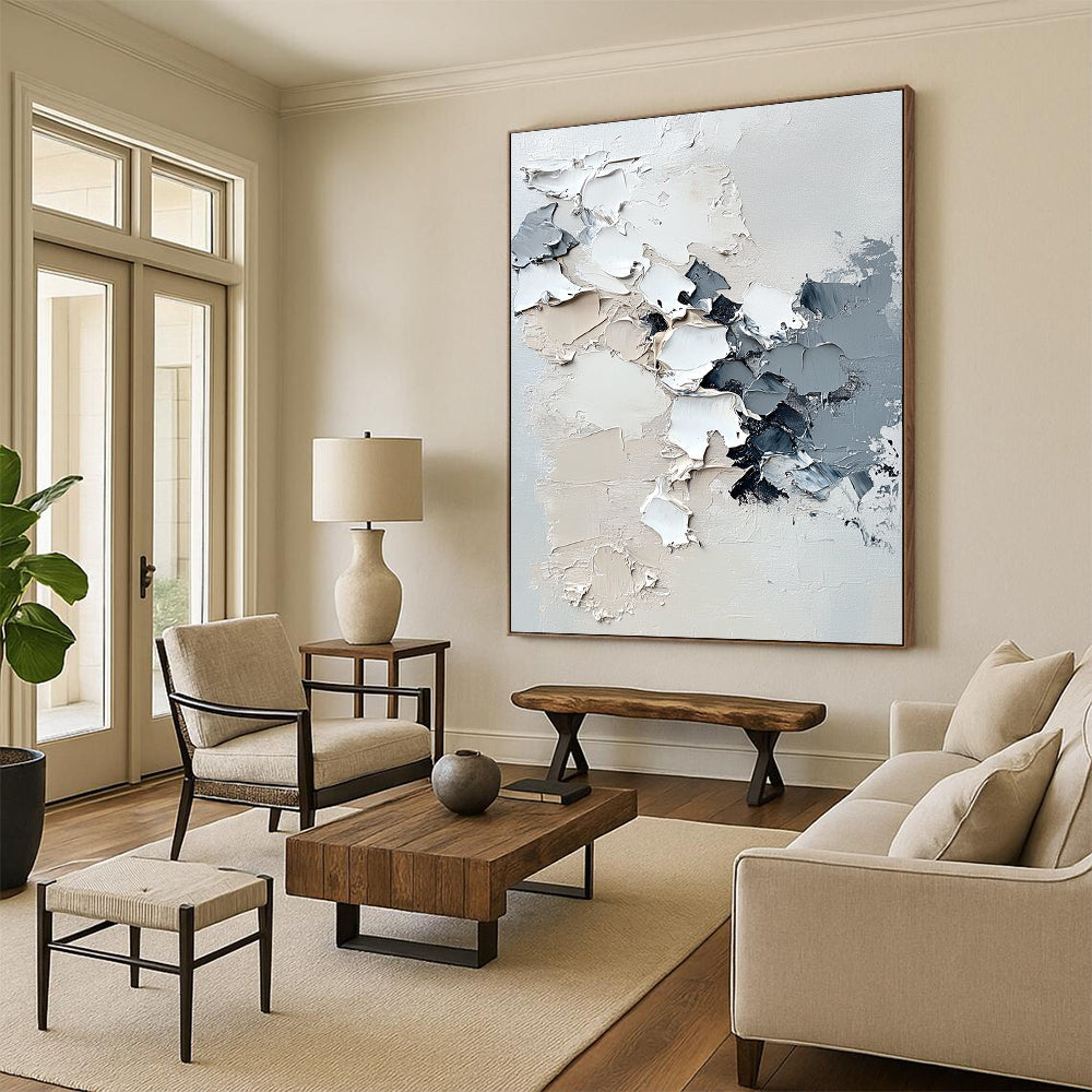 Contemporary hand-painted abstract artwork featuring melting snowflakes, impasto texture, and a serene white background in neutral tones. DLZ0629