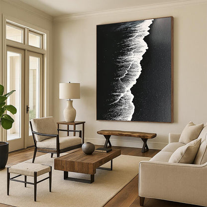 Contemporary abstract artwork capturing high-contrast monochrome beach waves on dark sand with intricate details and surrealistic perspective. DLZ0841