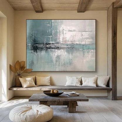 “Teal Gray Abstract Reflections” - Teal, Gray, White, Textured Forms - Painting On Canvas HB1422