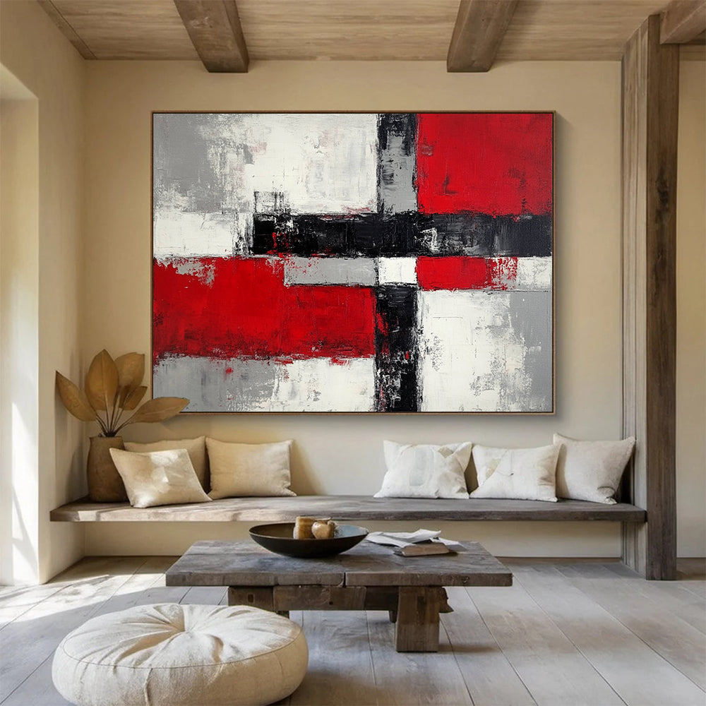 “Geometric Color Blocks” - Reds, grays, whites, blacks; Abstract geometric shapes; Minimalist Abstract Painting On Canvas HB1165