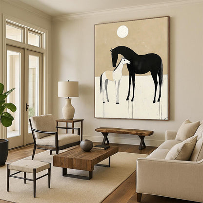 Contemporary abstract art featuring minimalist black and white horses in love against a beige background with a moon. Perfect for modern decor. DLZ1608