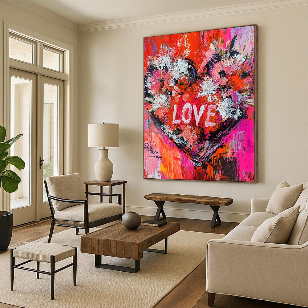 Vibrant contemporary abstract painting featuring oversized floral heart and dynamic brushstrokes with engaging text LOVE in bold reds pinks and whites. DLZ1494