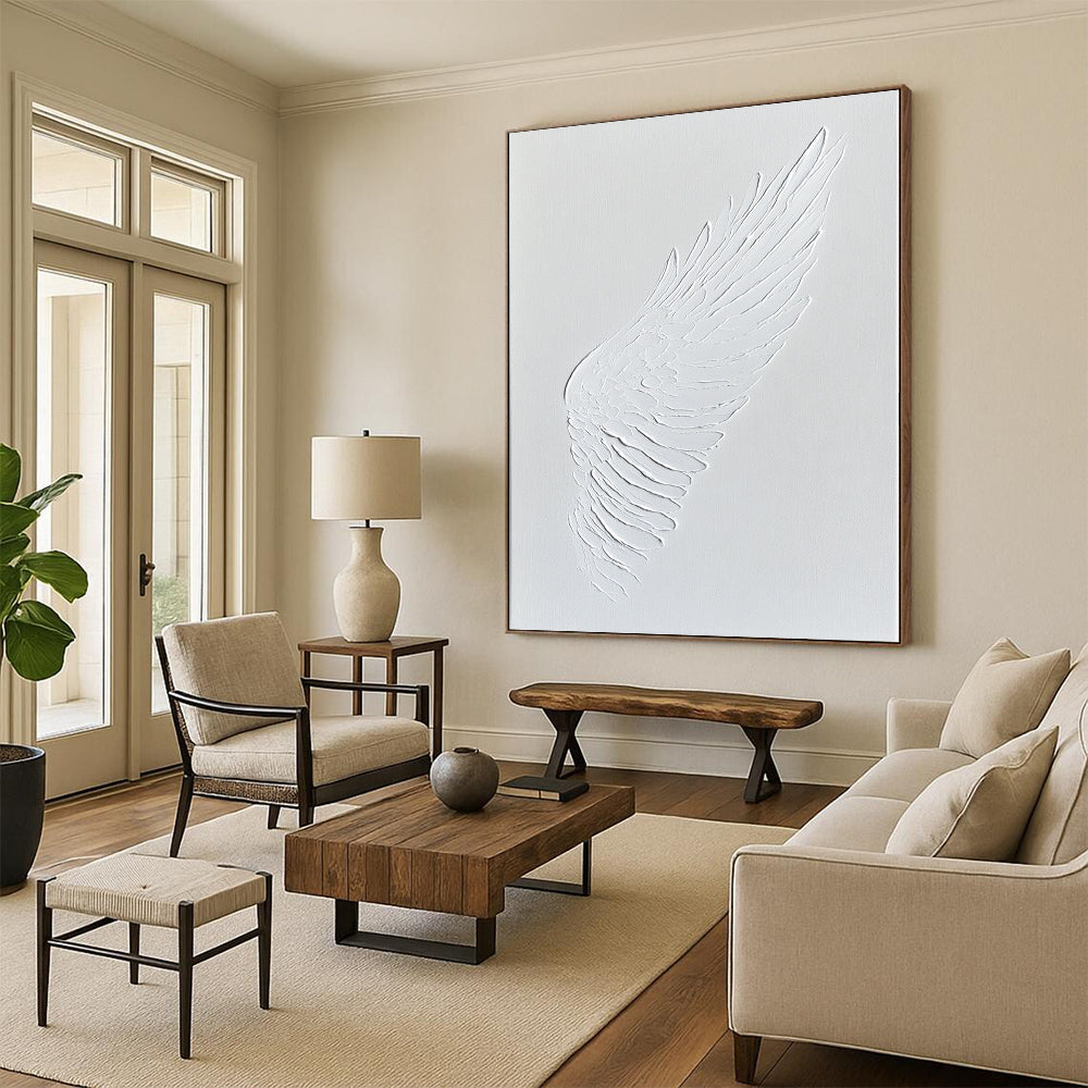 Contemporary abstract art featuring a white wing embossed in acrylic paint on a pristine canvas, showcasing minimalistic elegance and sophistication. DLZ1756