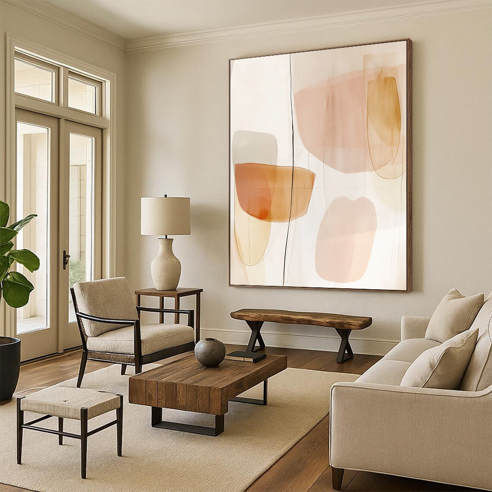 Contemporary hand-painted abstract art featuring peach and neutral tones with simple shapes and subtle watercolor textures for a serene aesthetic. DLZ1689