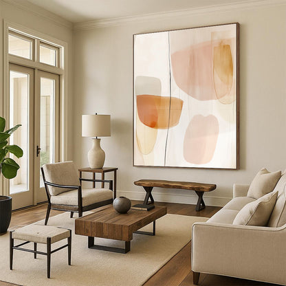 Contemporary hand-painted abstract art featuring peach and neutral tones with simple shapes and subtle watercolor textures for a serene aesthetic. DLZ1689