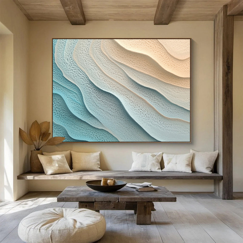 “Light Blue - Beige Textured Wavy Layers” - Abstract Textural Painting On Canvas HB0513
