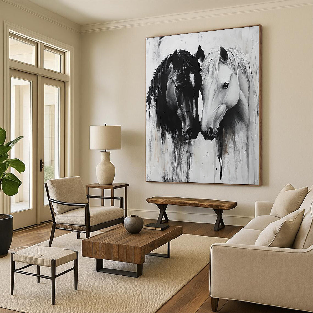 Contemporary abstract art captures two horses in a tender gaze, their connection conveyed through soft brushstrokes and intricate textures, emphasizing emotional bonds. DLZ1146