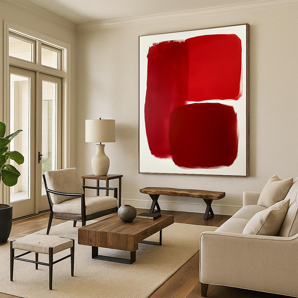 Contemporary abstract artwork featuring bold red shapes on a white background showcasing minimalist design and evocative empty spaces. DLZ1693