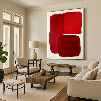 Contemporary abstract artwork featuring bold red shapes on a white background showcasing minimalist design and evocative empty spaces. DLZ1693
